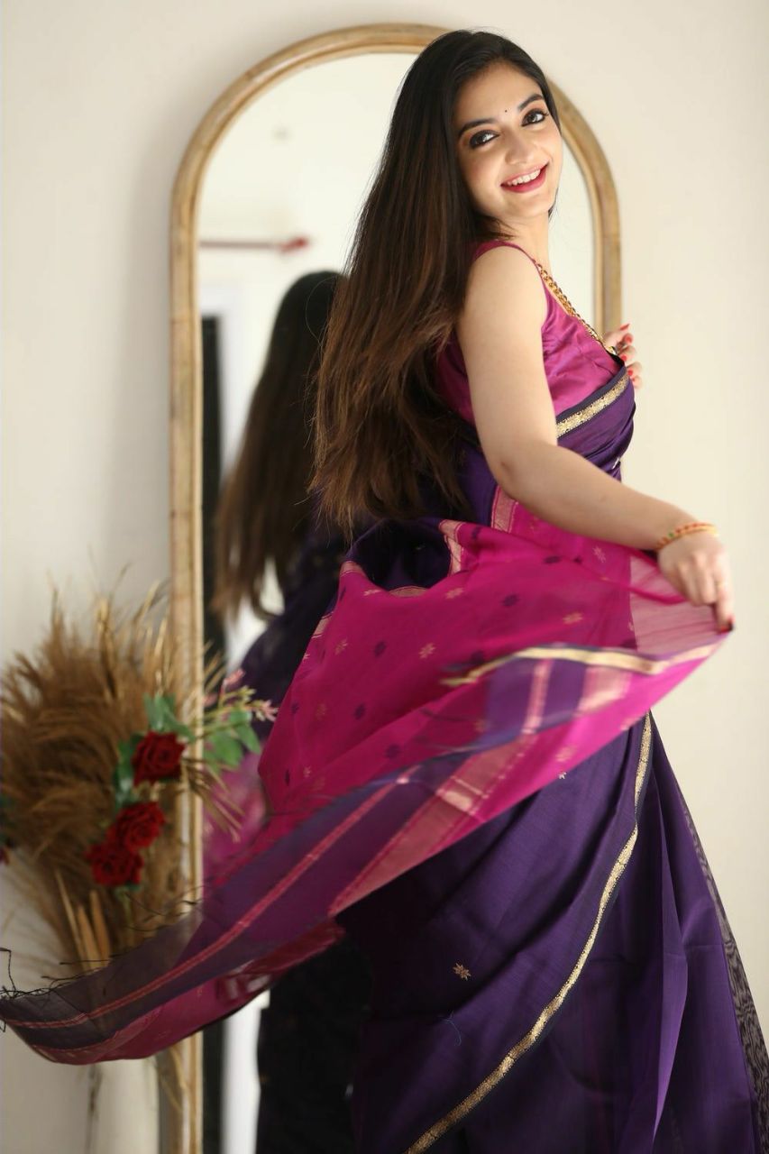 Luxuriant Purple Cotton Silk Saree