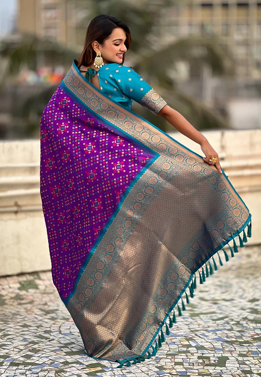 Turquoise Purple Banarasi Silk Saree – Festive Radiance in Every Drape