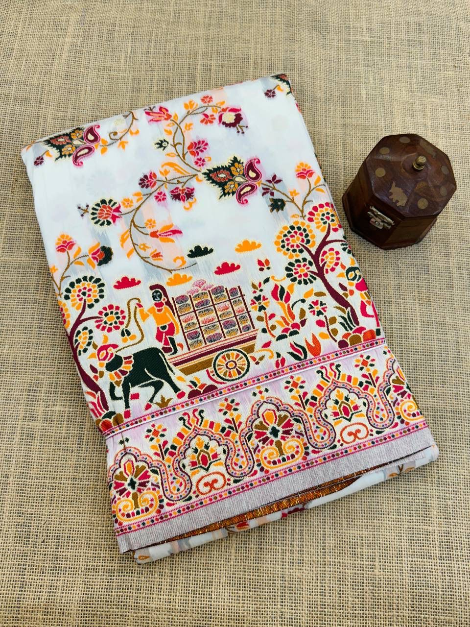 Barbara White Soft Silk Saree with Multicolor Traditional Print & Unstitched Blouse Piece