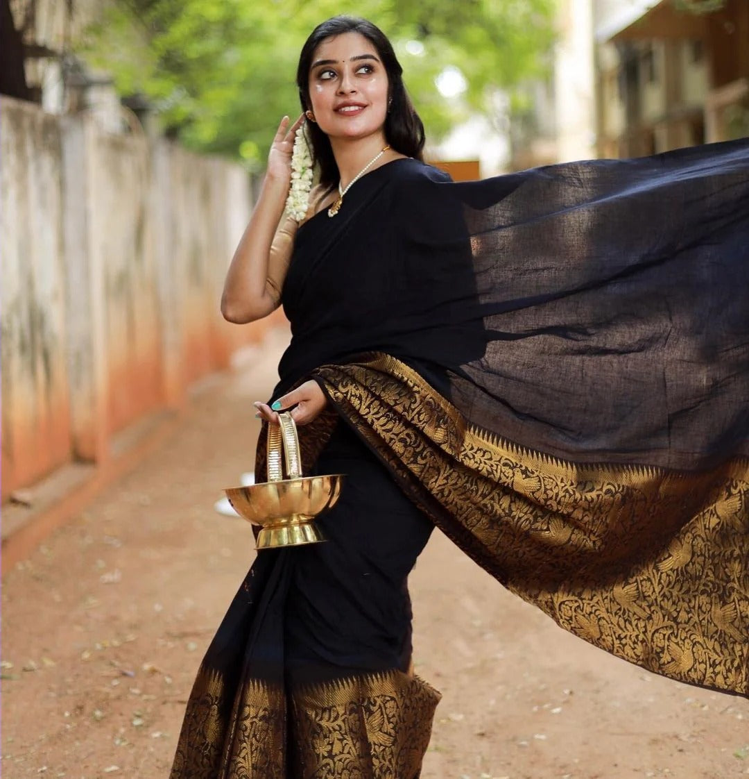 Charvika - Black Soft Silk Saree with Antique Gold Border and White Blouse