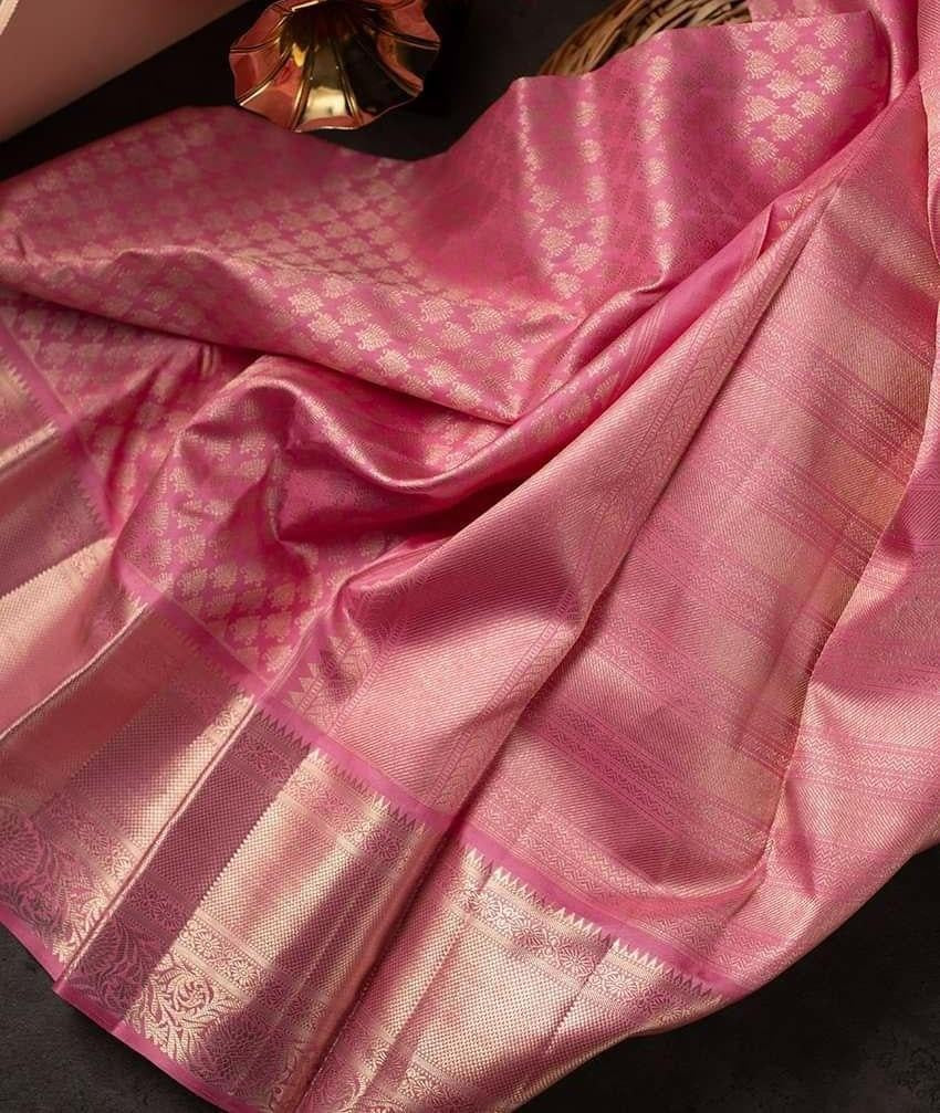 Samika - Pink Soft Silk Saree with Floral Jacquard Zari Border and Blouse Piece