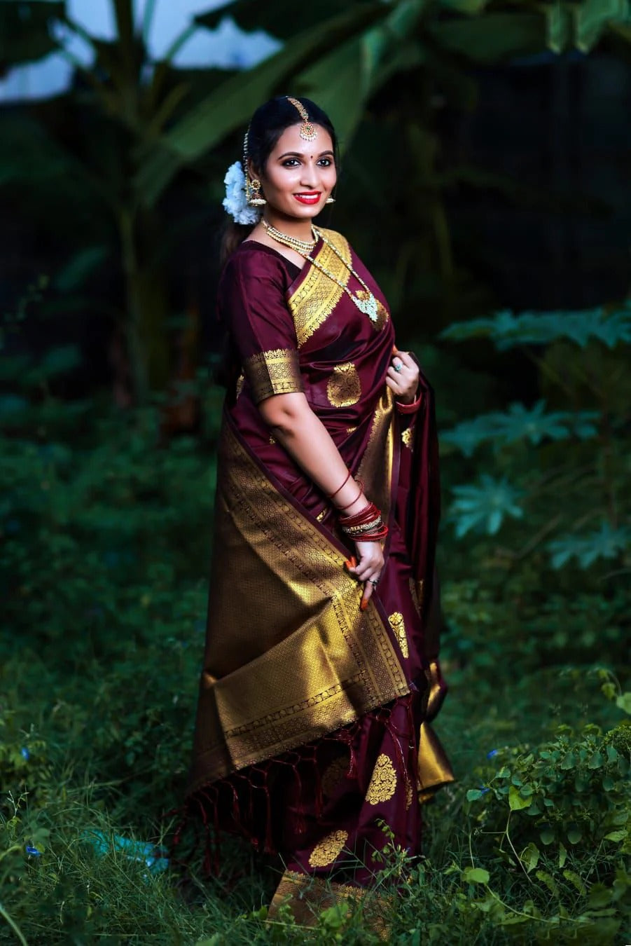 Vanshika – Maroon Soft Banarasi Silk Saree with Jacquard Weaving