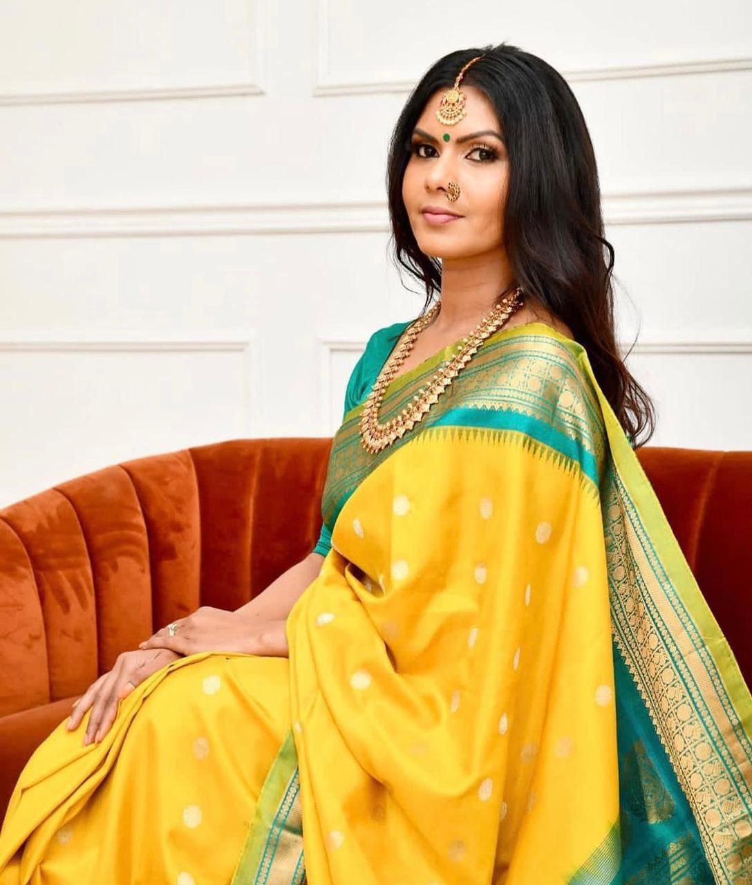 Yellow Color With Golden Zari Work Party Wear Banarsi Saree Weaving