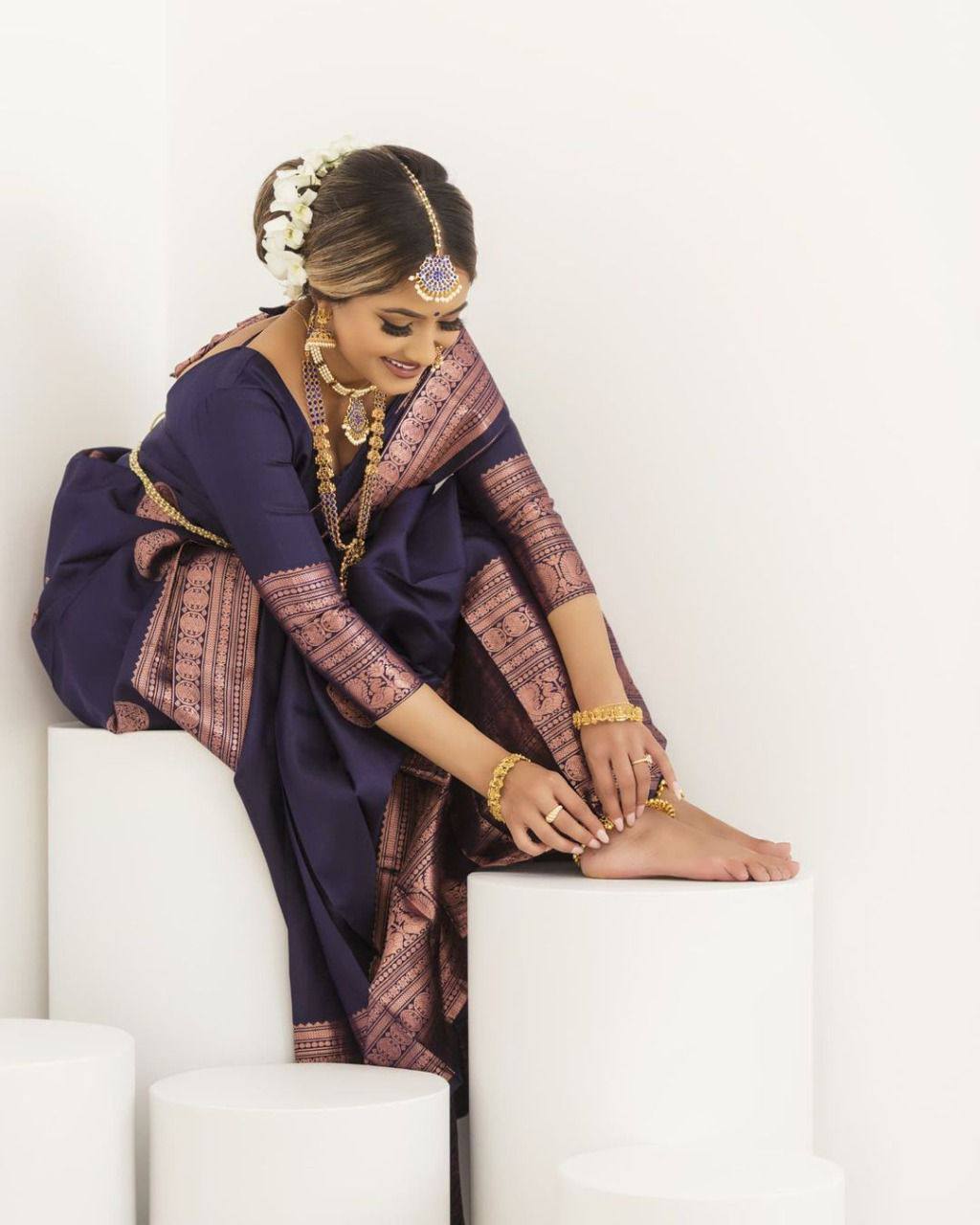 Dark Blue Party Wear With Lichi Silk saree