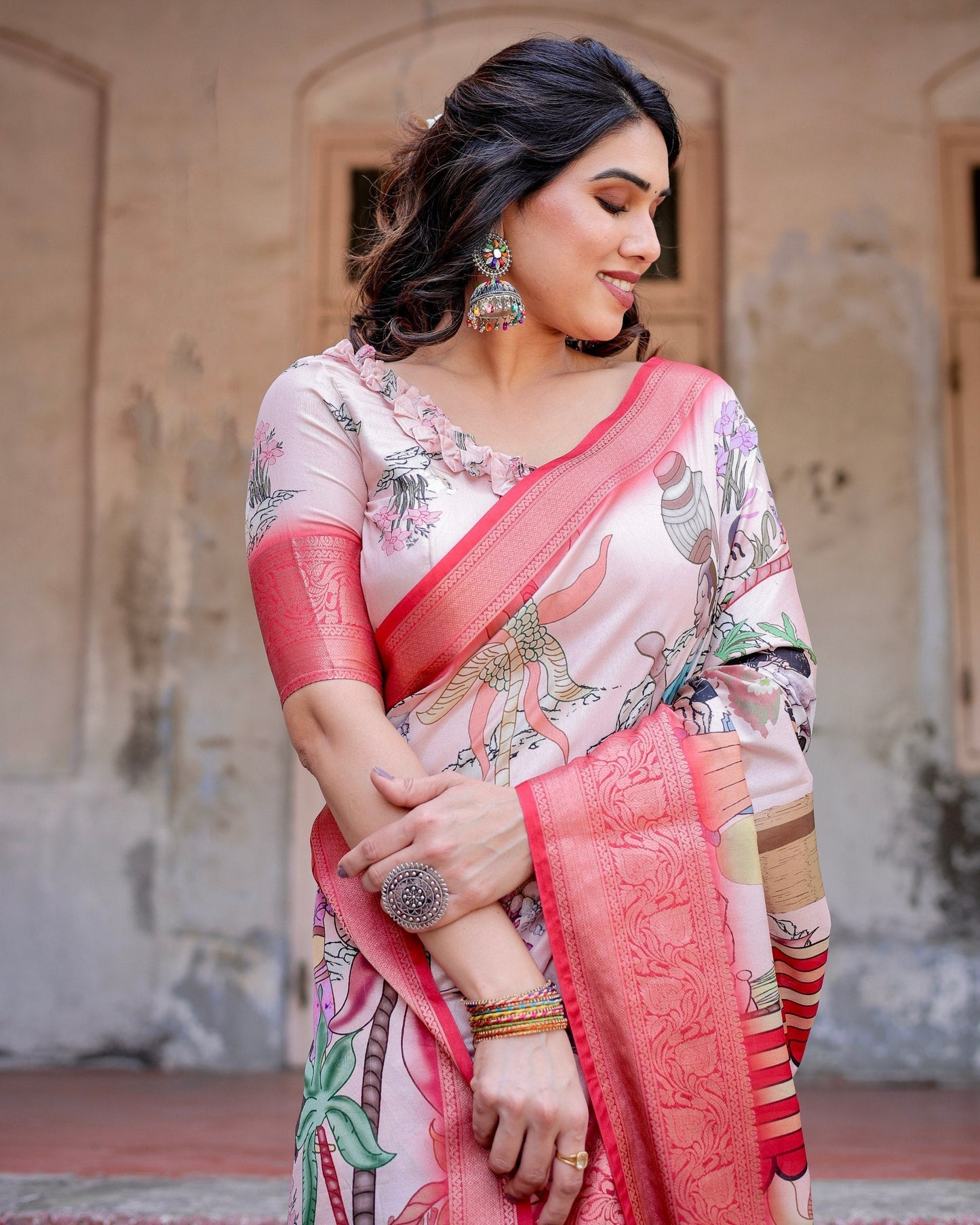 Peach Floral Printed Cotton Silk Saree