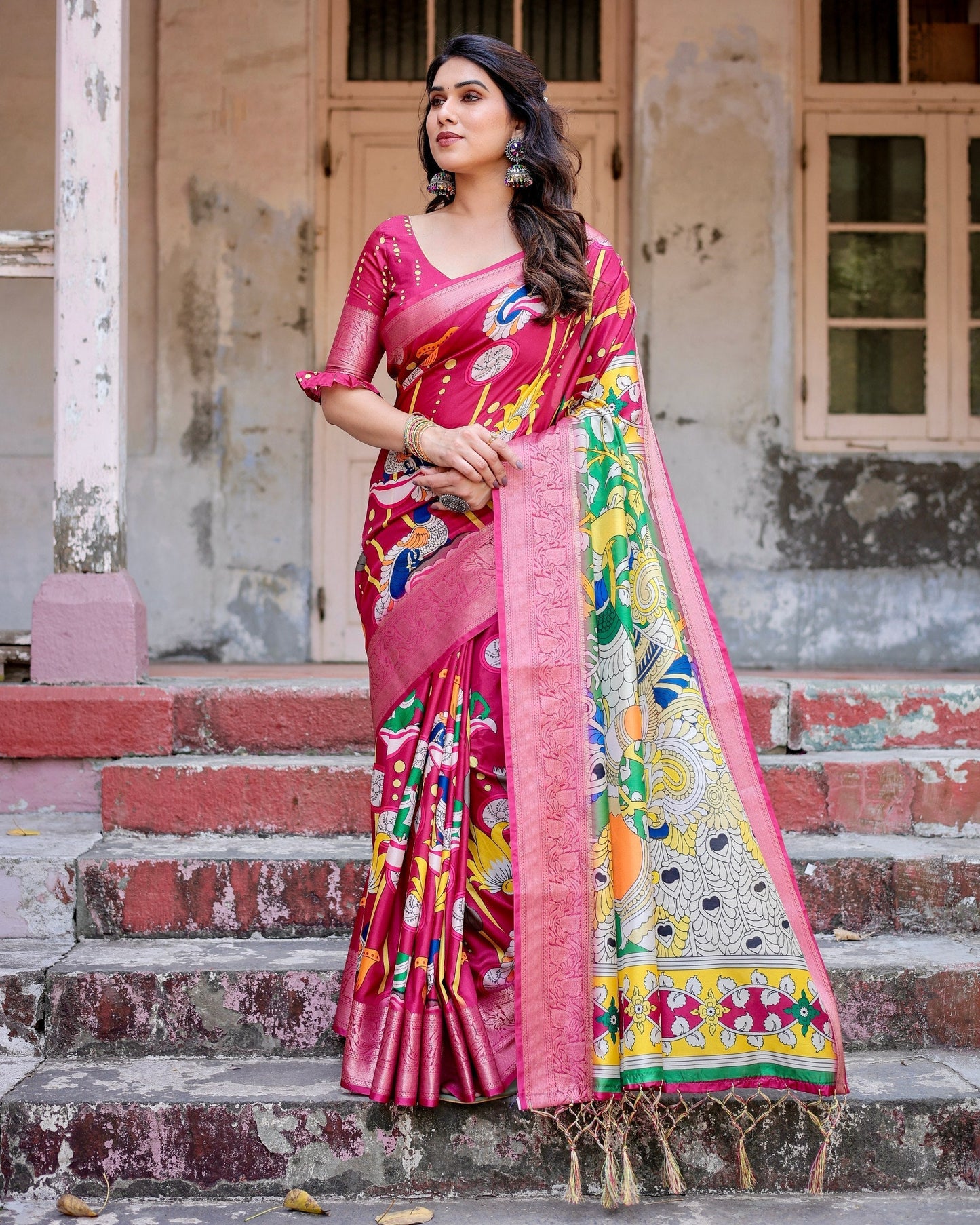 Dark Pink Floral Printed Cotton Silk Saree