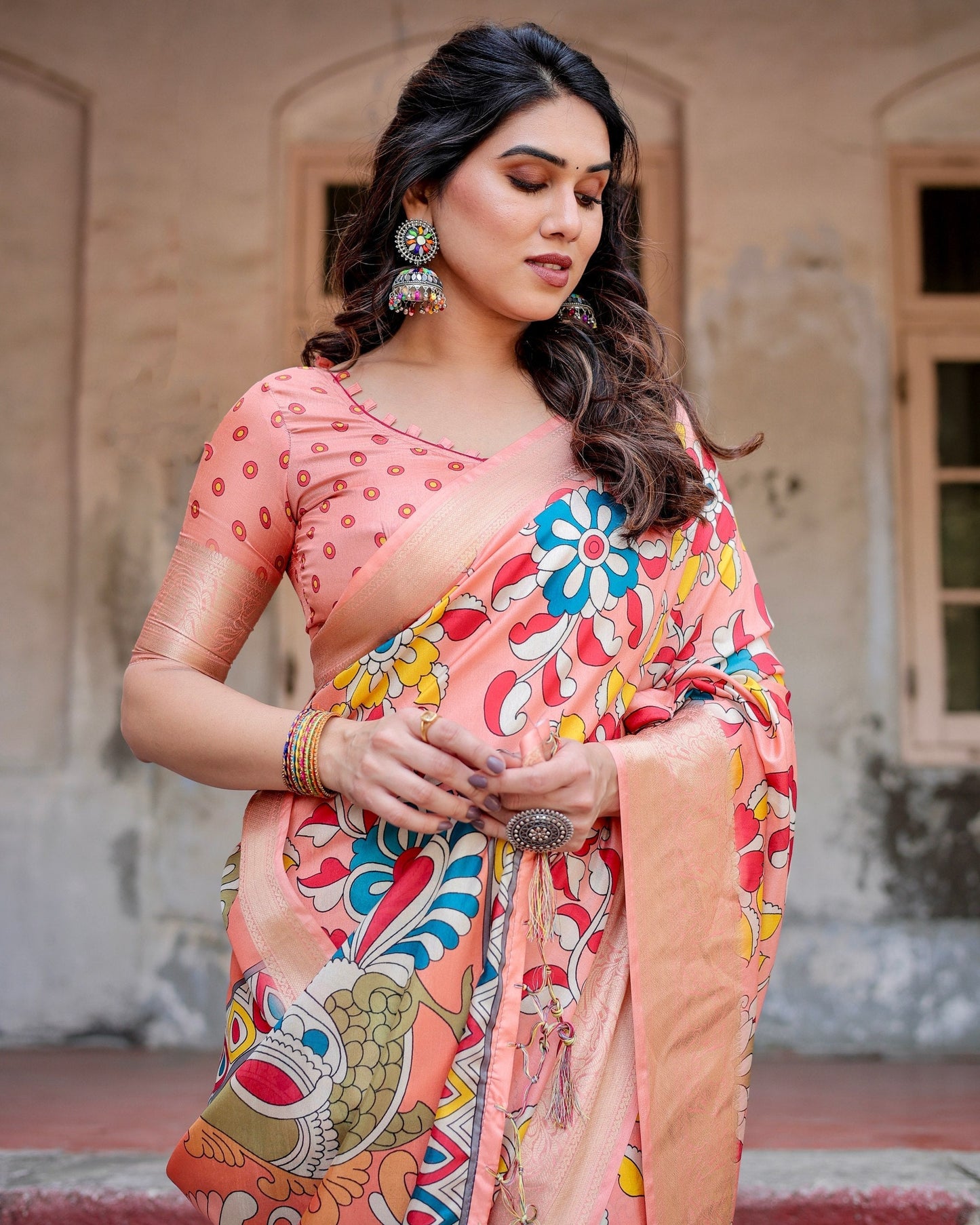 Orange Floral Printed Cotton Silk Saree