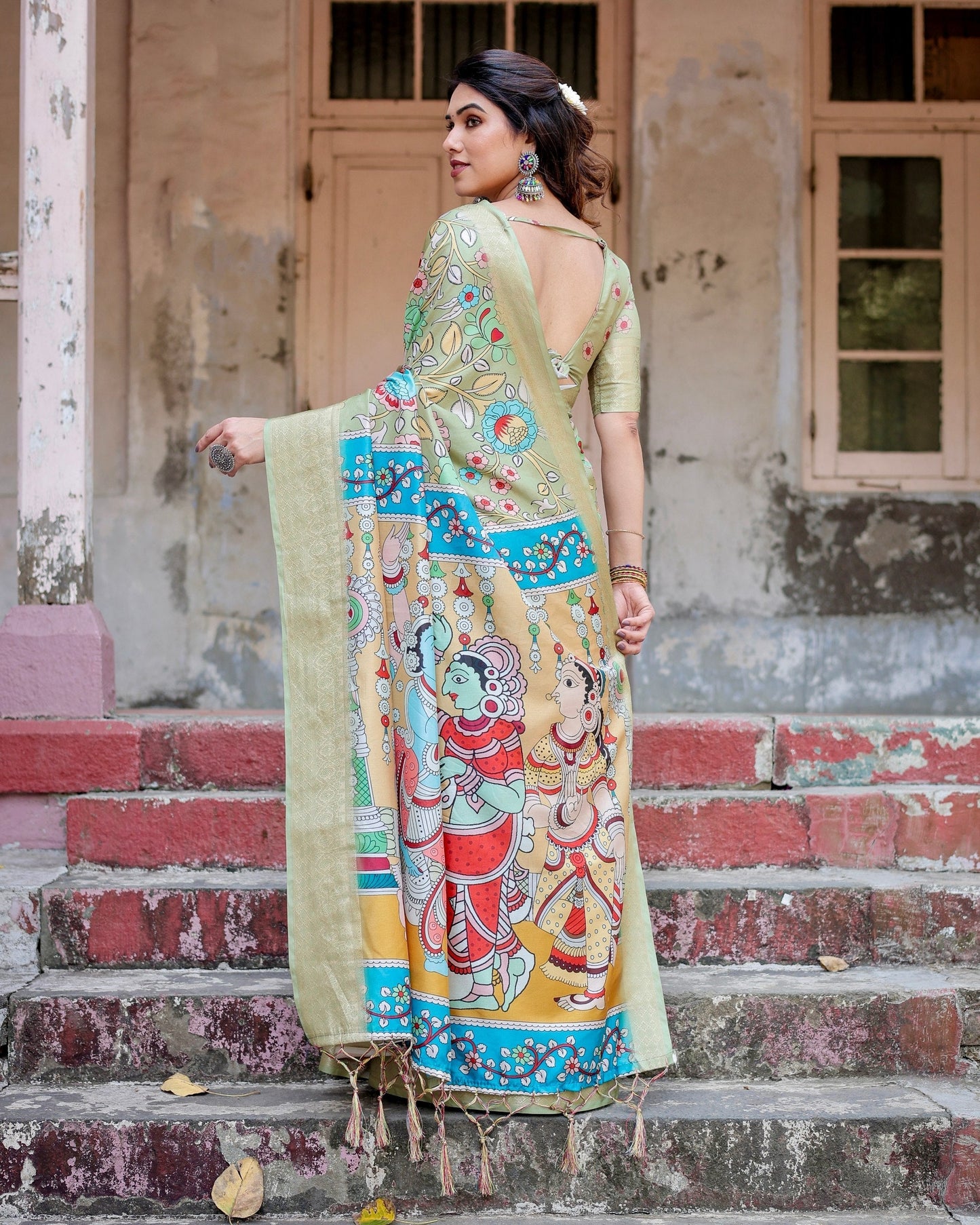 Light Green Floral Printed Cotton Silk Saree
