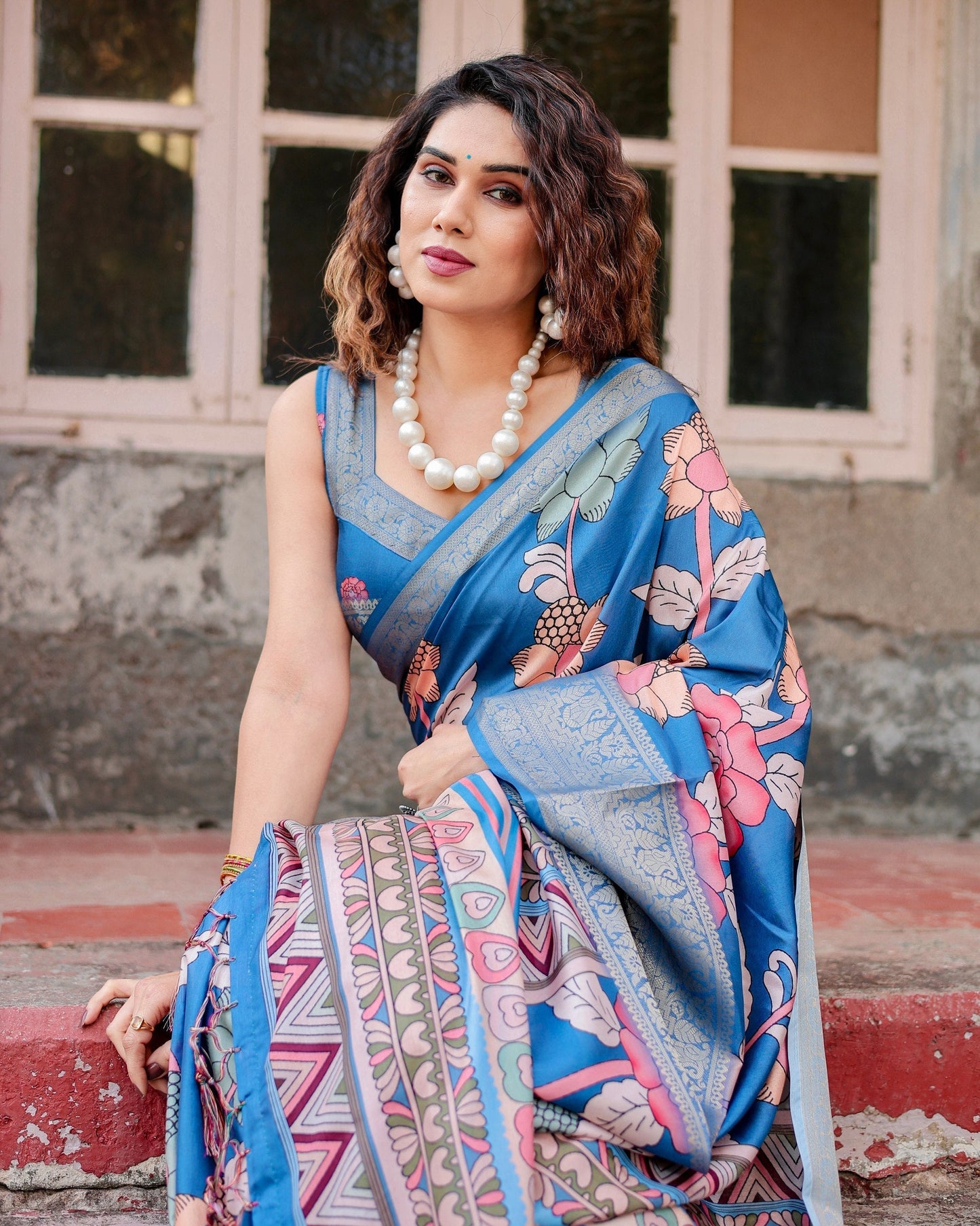 Sky Blue Flower Floral Printed Cotton Silk Saree