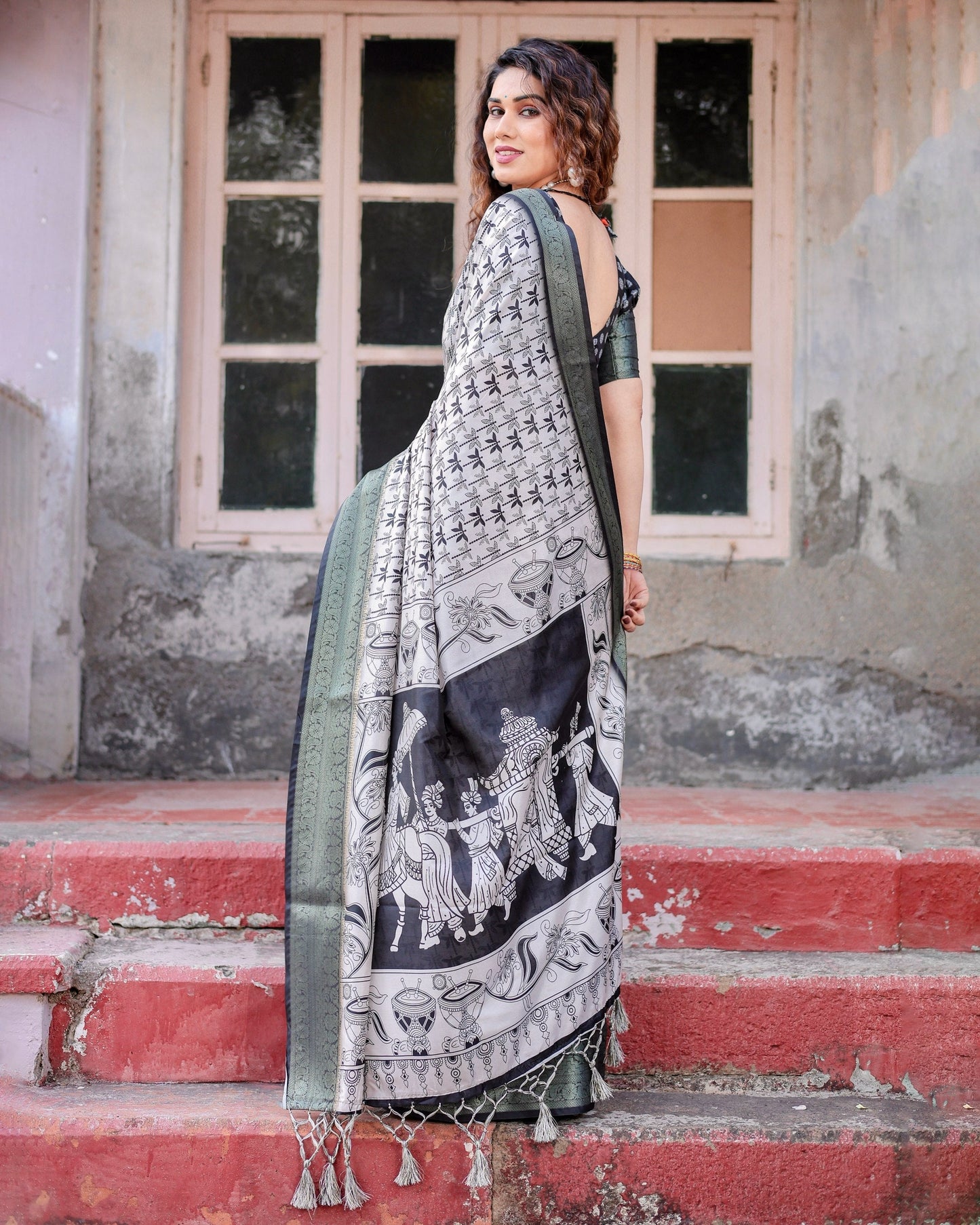 Cream & Black Floral Printed Cotton Silk Saree