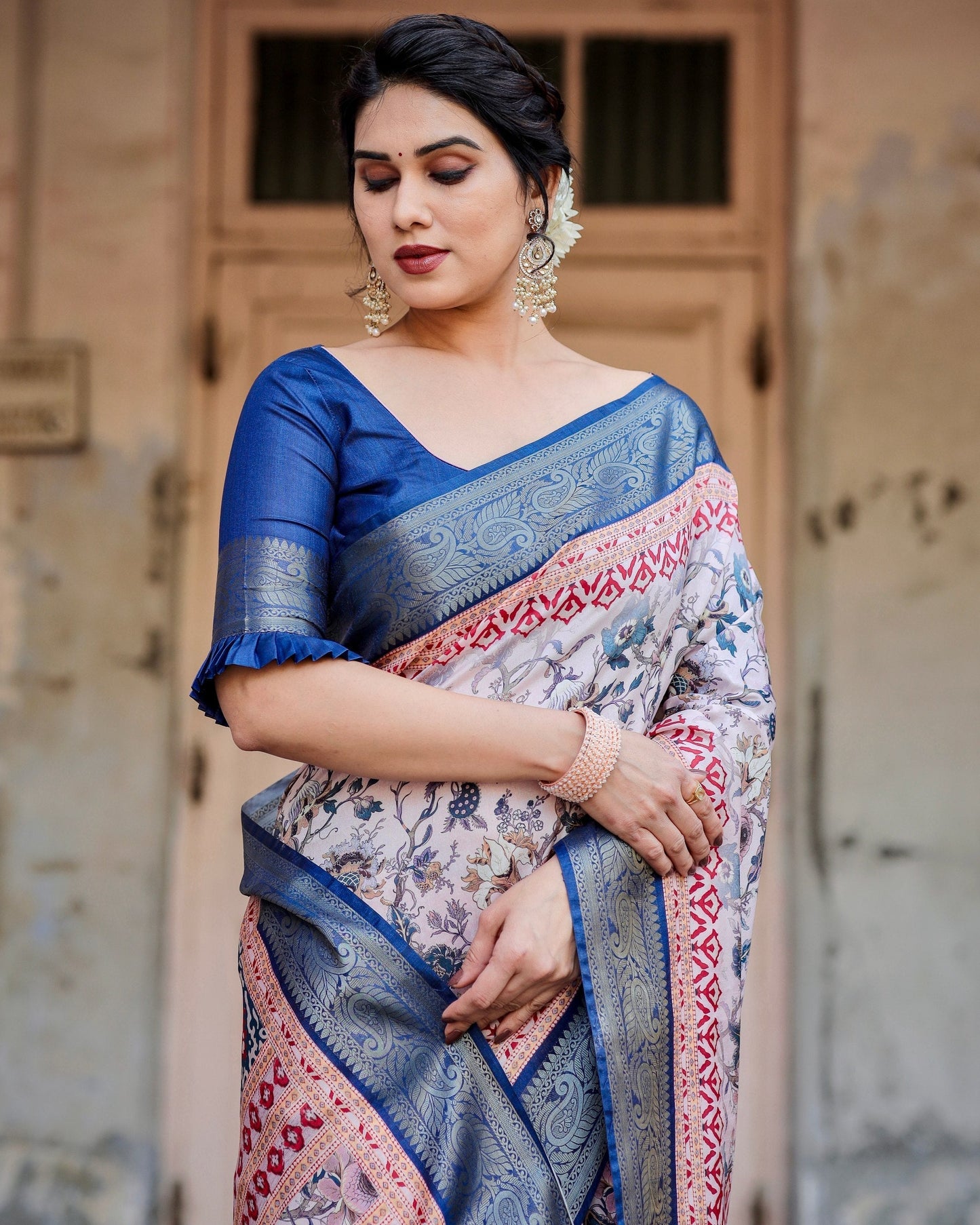 Cream & Navy Blue Floral Printed Cotton Silk Saree