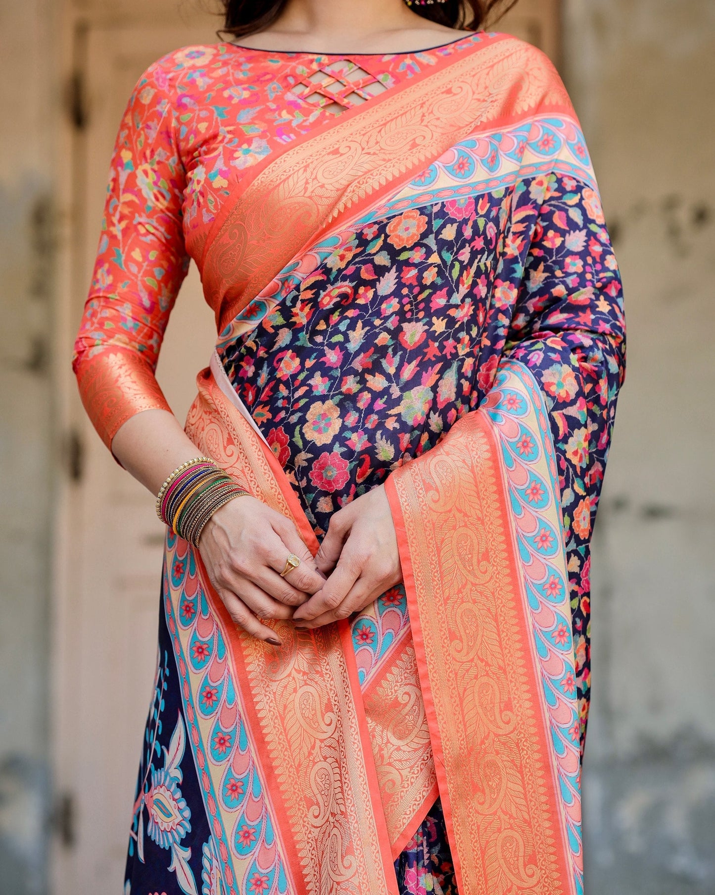 Royal Blue & Orange Floral Printed Cotton Silk Saree