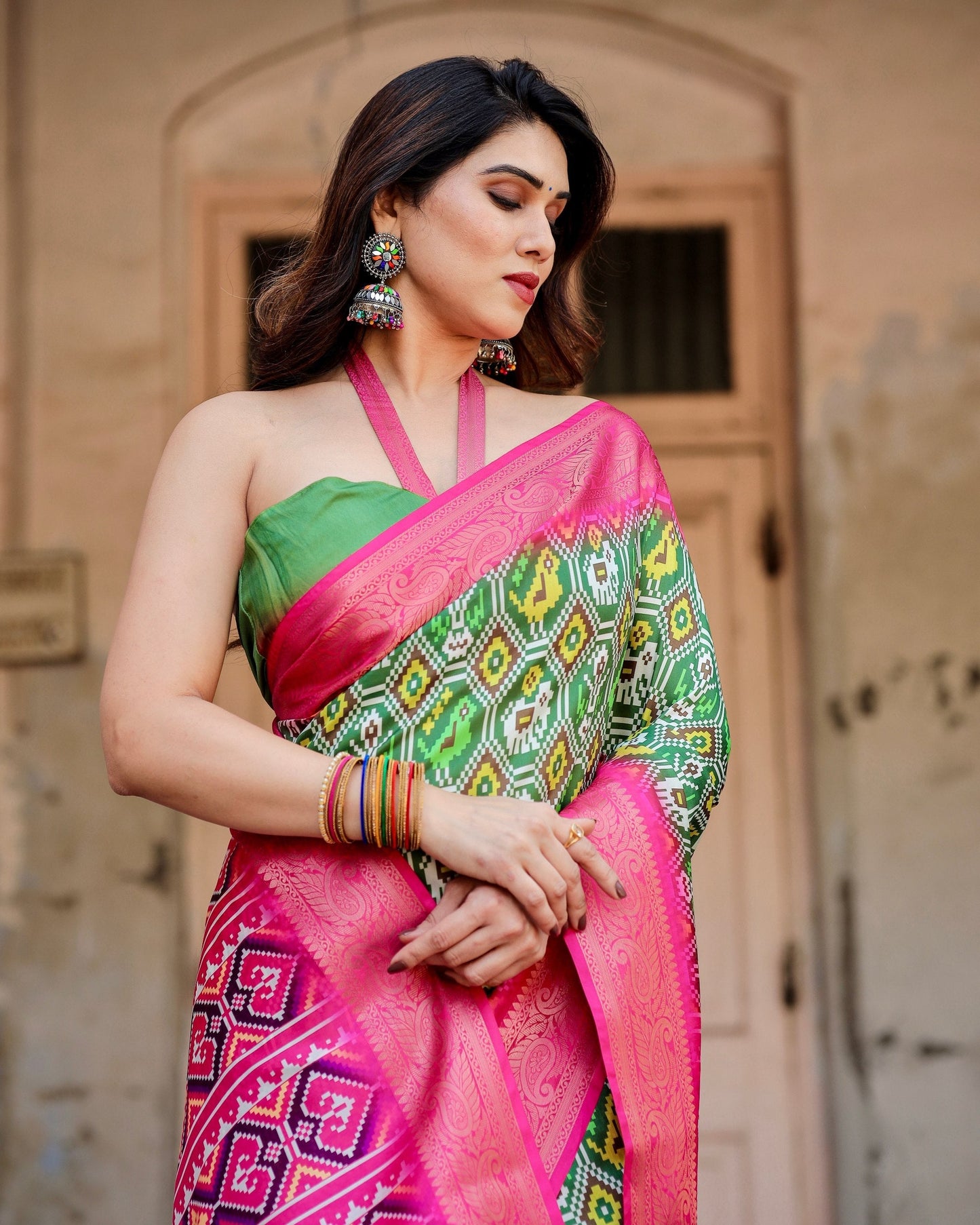 Green & Pink Floral Printed Cotton Silk Saree