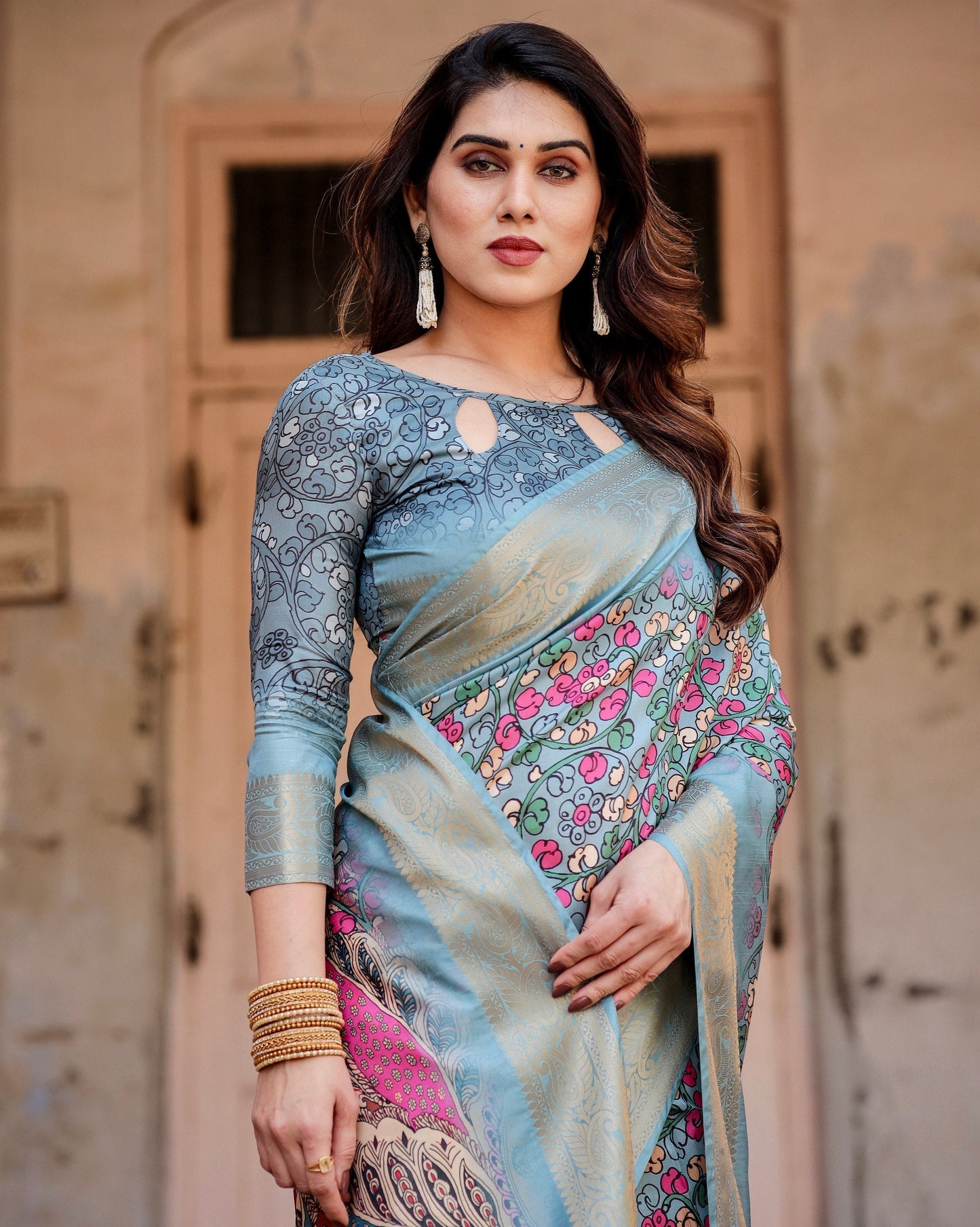 Grey & Multi Floral Printed Cotton Silk Saree