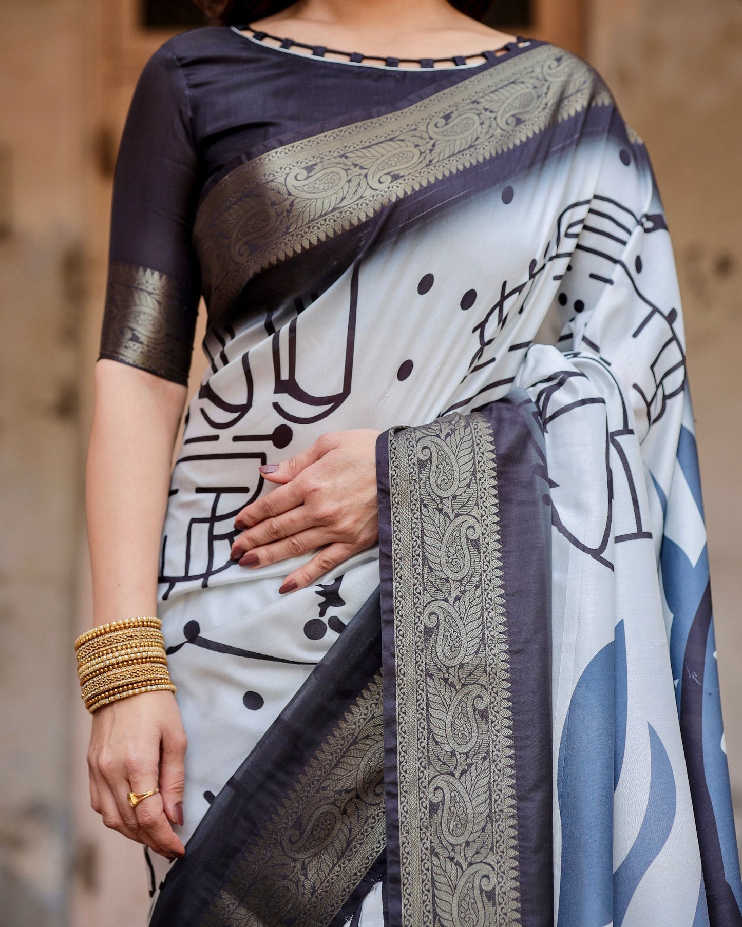 White & Black Floral Printed Cotton Silk Saree