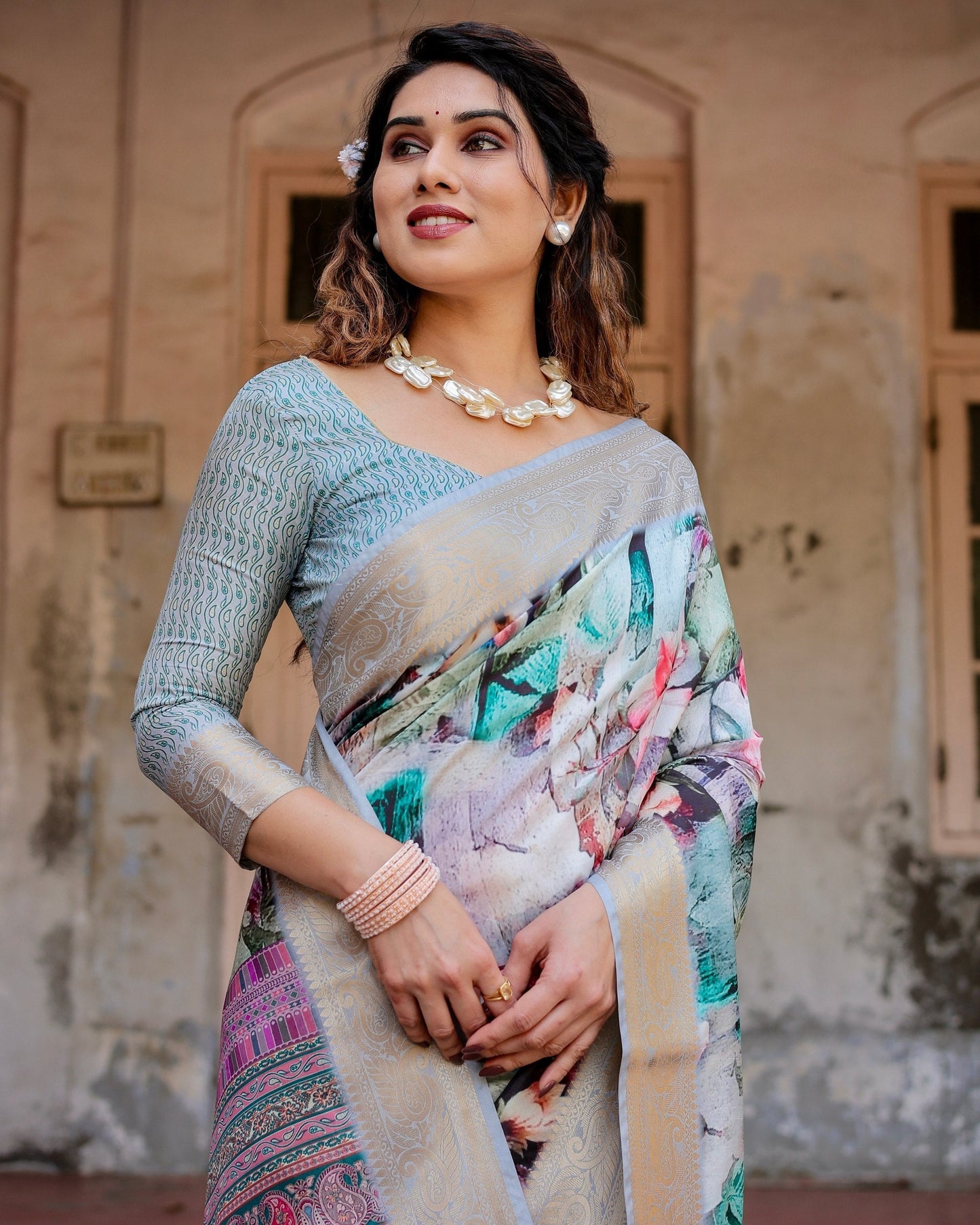 Multi Colour Floral Printed Cotton Silk Saree