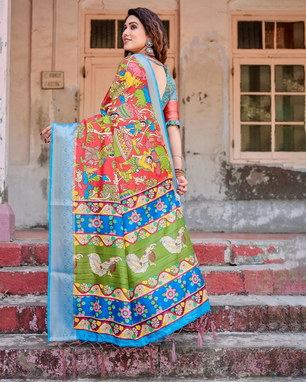 Red & Sky Blue Floral Printed Cotton Silk Saree