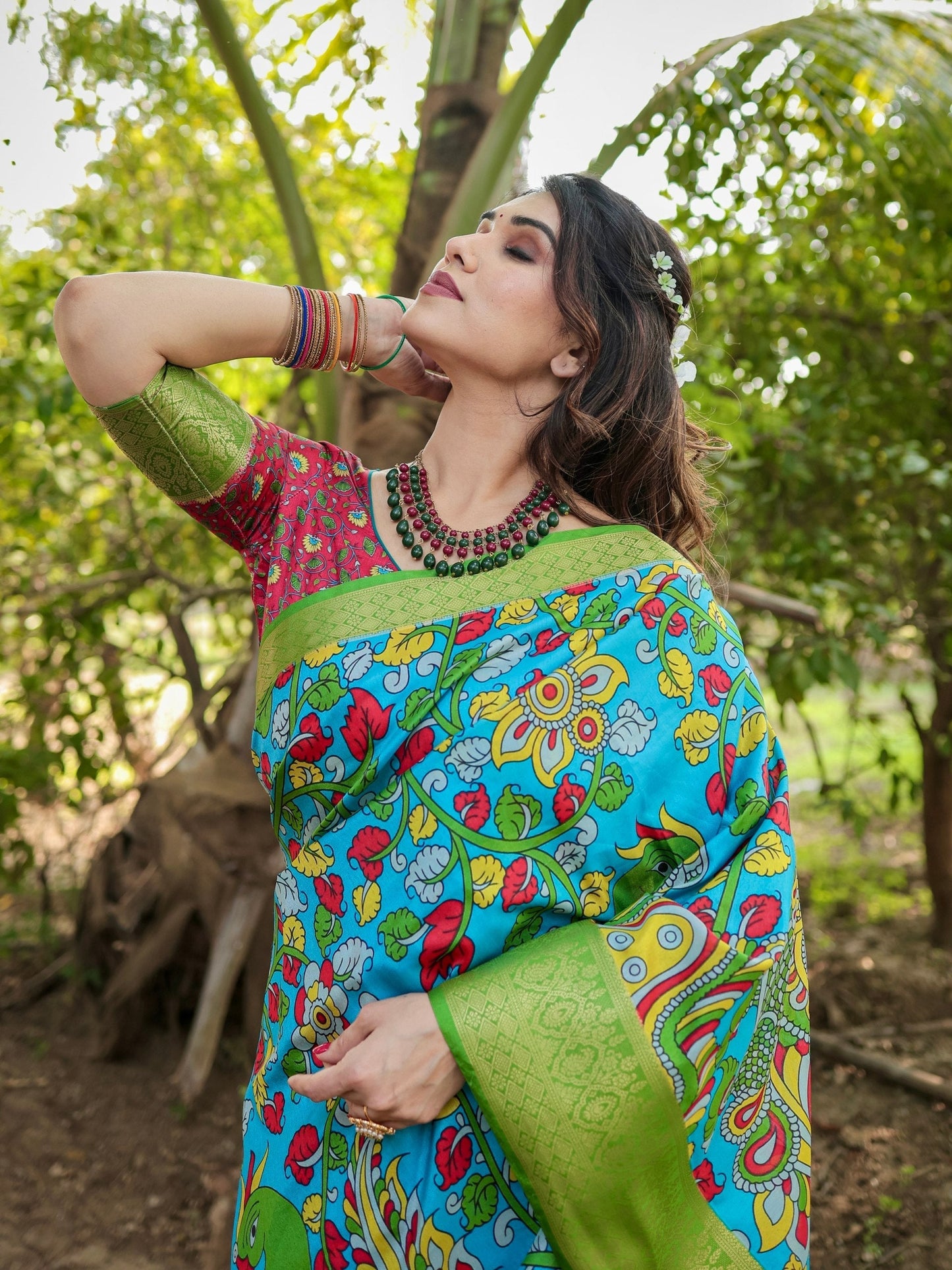 Deep Sky Blue & Green Floral Printed Cotton Silk Saree