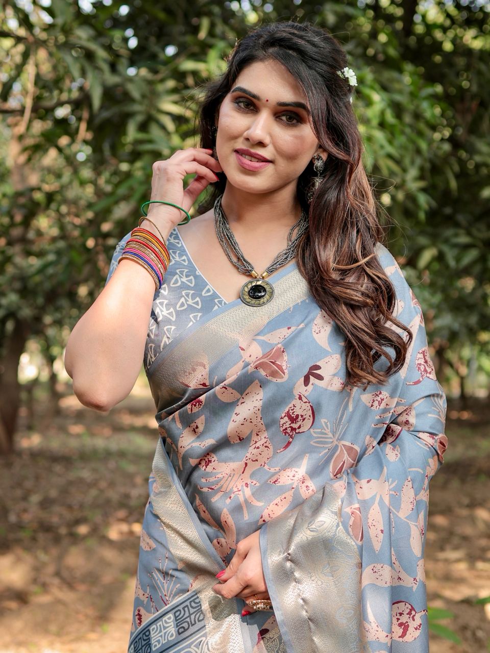 Dark Grey Floral Printed Cotton Silk Saree
