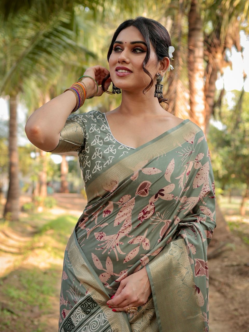 Sage Green Floral Printed Cotton Silk Saree