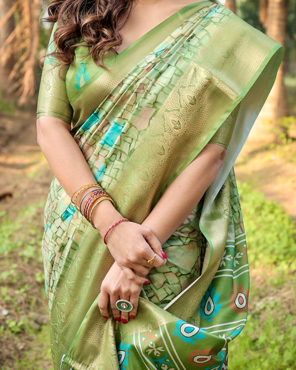 Pista Color Floral Printed Cotton Silk Saree