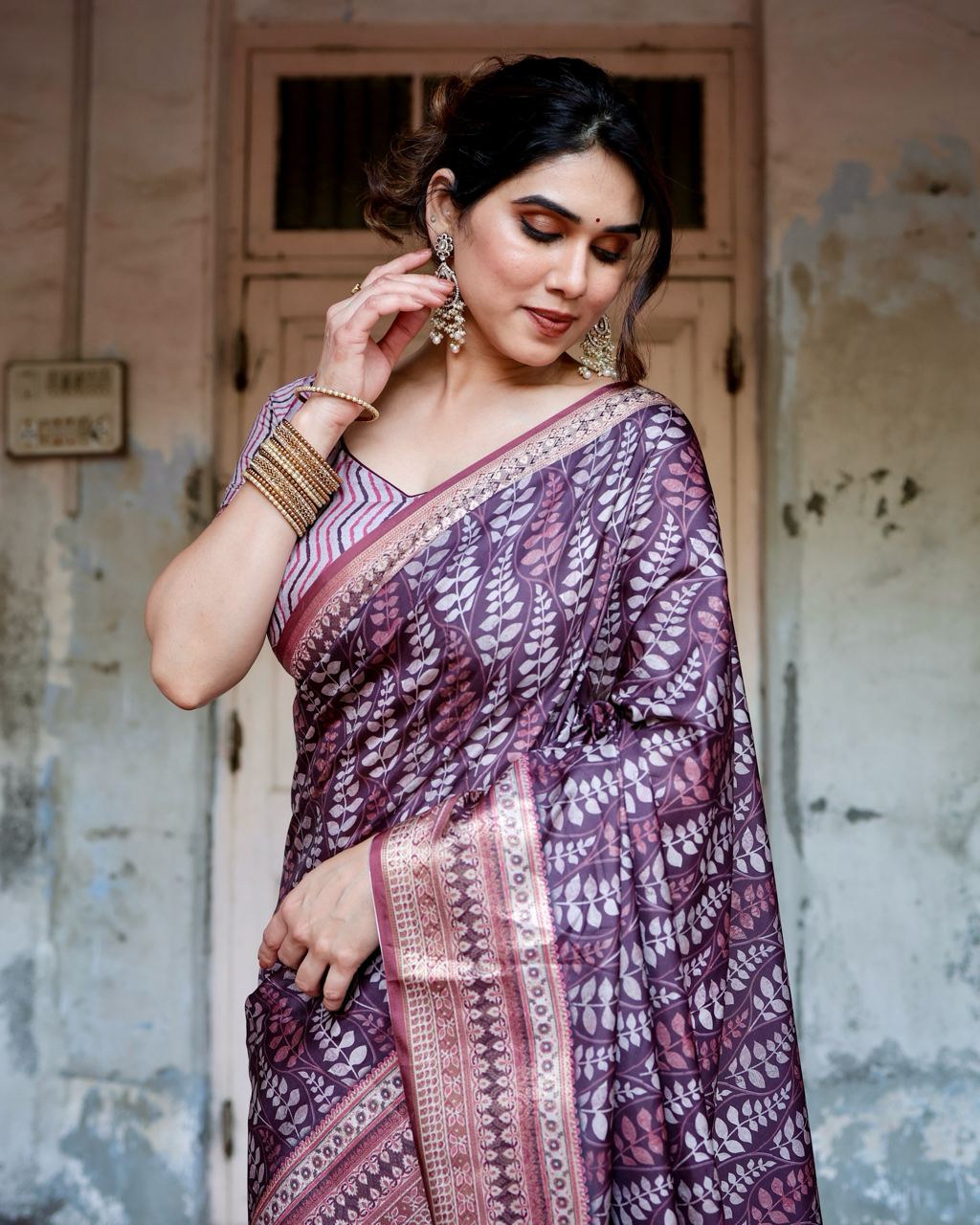 Grape Purple Floral Printed Cotton Silk Saree