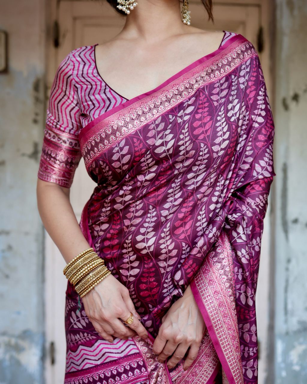 Dark Fuchsia Pink Floral Printed Cotton Silk Saree