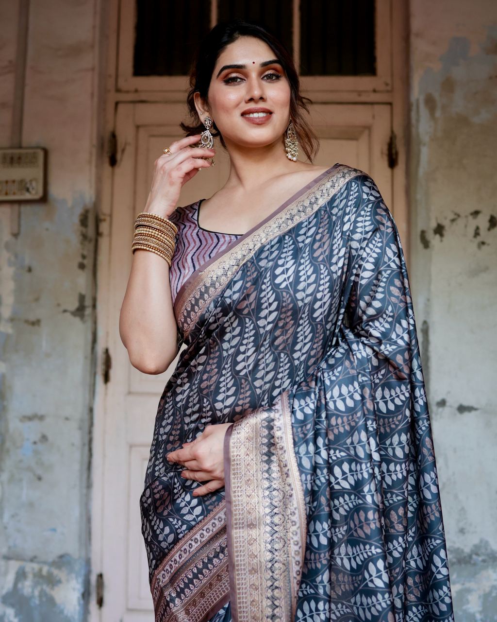 Dark Blue & Grey Floral Printed Cotton Silk Saree