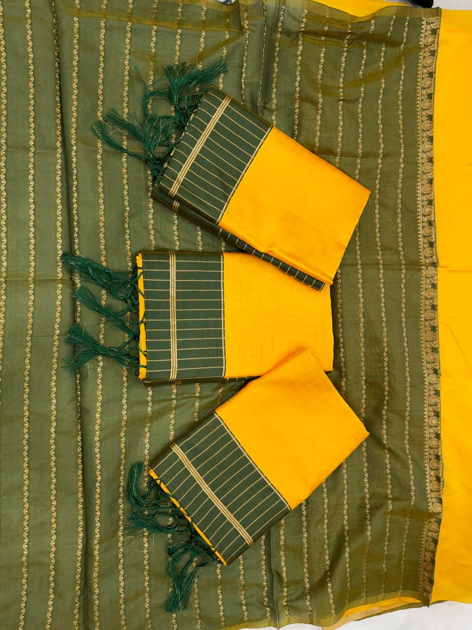 Elegant Mustard Yellow & Forest Green Kanchipuram Silk Saree with Traditional Peacock Zari Border