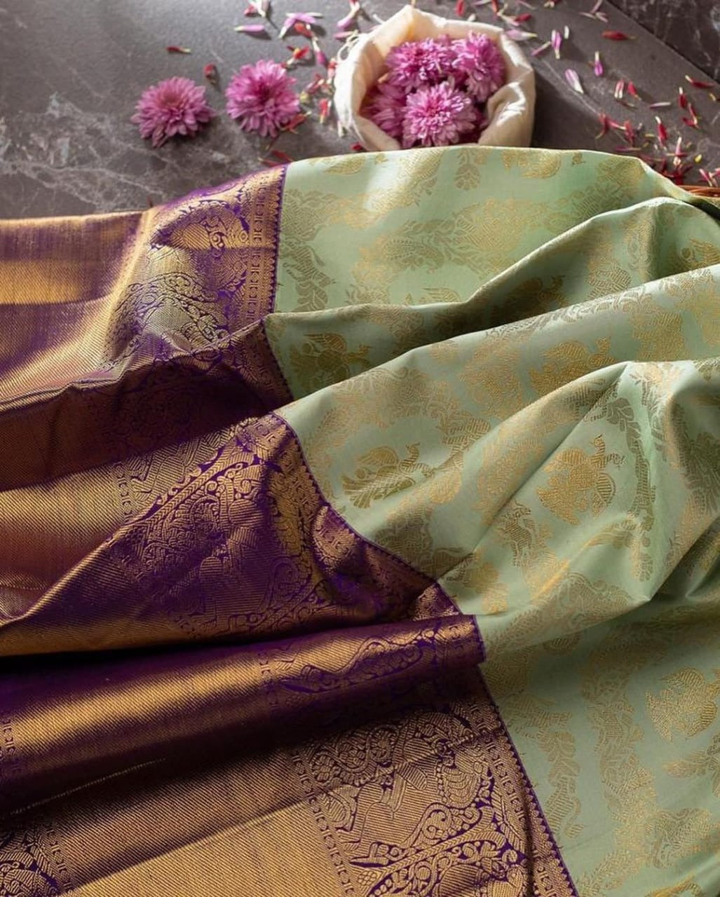 Aadita - Sea Green Soft Banarasi Silk Saree with Jacquard Woven Work & Purple Blouse