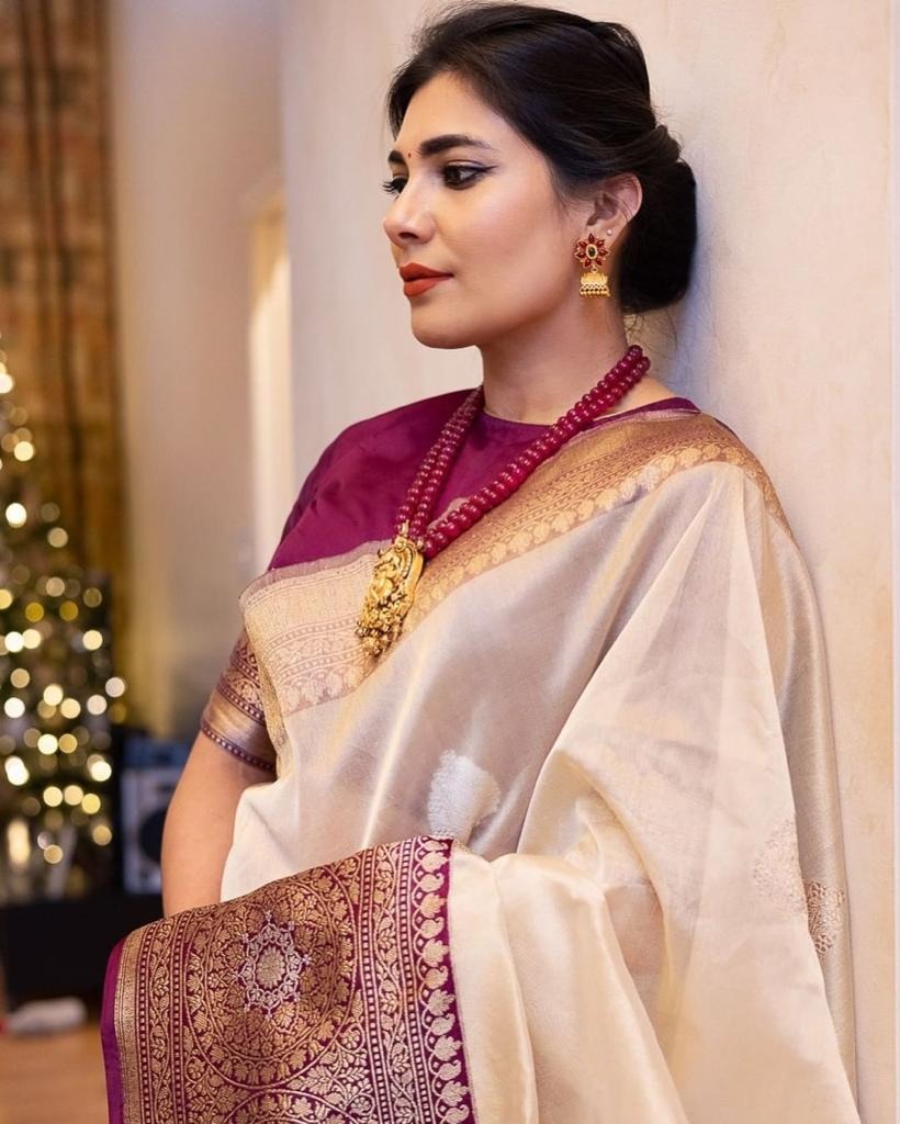 Bhagyam – Beige Soft Banarasi Silk Saree with Wine Jacquard Pallu