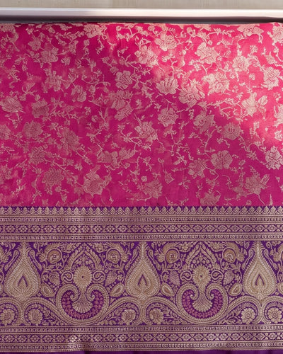 Nili - Rani Pink Floral Zari Banarasi Saree