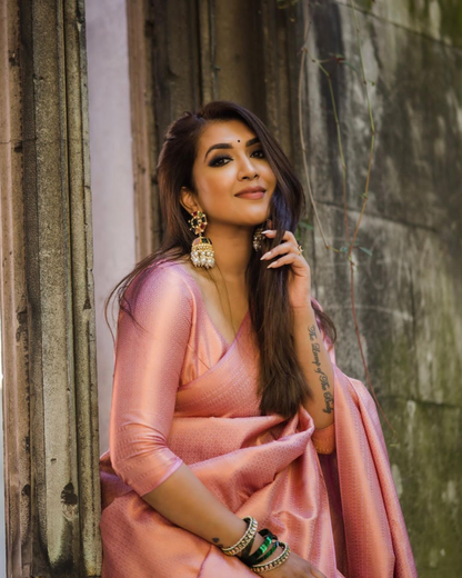 Bindu Peach Litchi Silk Saree With Attached Blouse