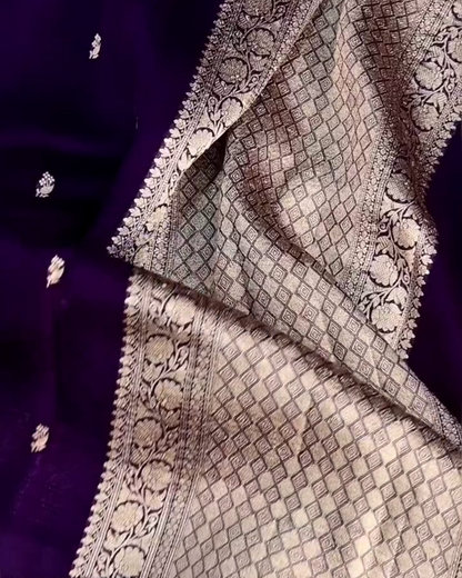 Pranvika - Purple Organza Semi Silk Saree with Silver Zari Pallu & Floral Border