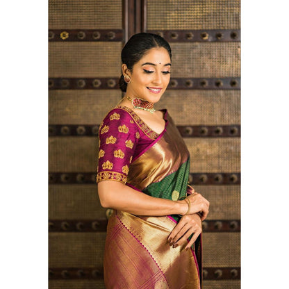 Valiba Emeral Green & Gold-toned Silk Blend Woven Design Banarasi Saree