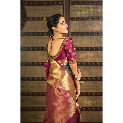 Valiba Emeral Green & Gold-toned Silk Blend Woven Design Banarasi Saree