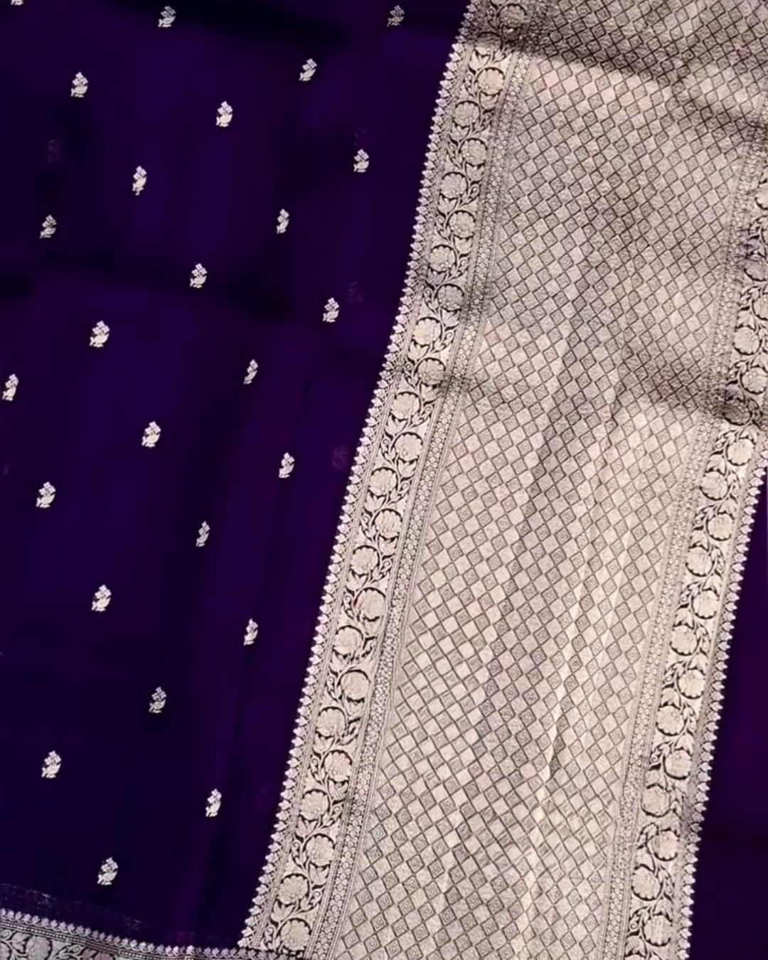 Pranvika - Purple Organza Semi Silk Saree with Silver Zari Pallu & Floral Border