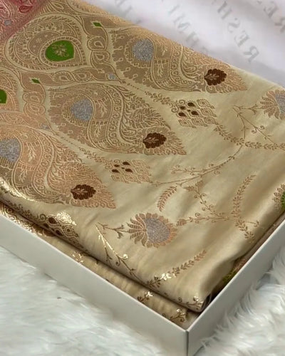 Shraavanya - Cream Red Banarasi Paisley Zari Silk Saree
