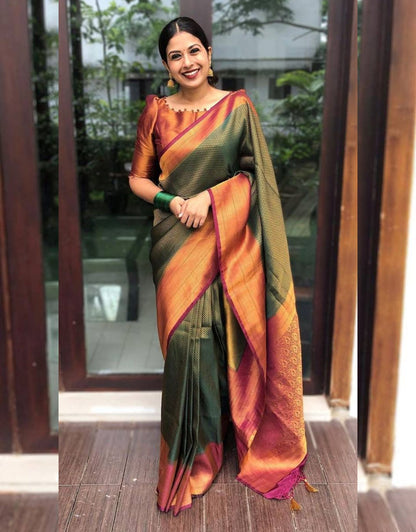 Bindu Green-Maroon Soft Silk Saree With Attractive Blouse Piece