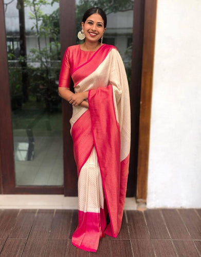 Bindu OffWhite-Pink Soft Silk Saree With Attractive Blouse Piece