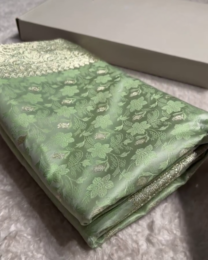 Shailee - Mint Green Satin Katan Silk Saree with Floral Zari Weave