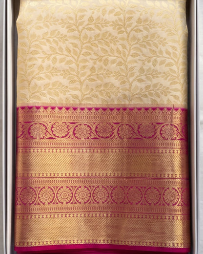 Aaradhya - Ivory Silk Saree With Pink Border