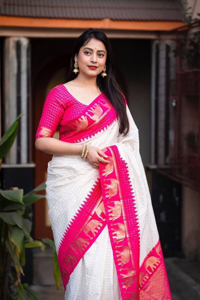 Off White And Rani Woven Silk Saree