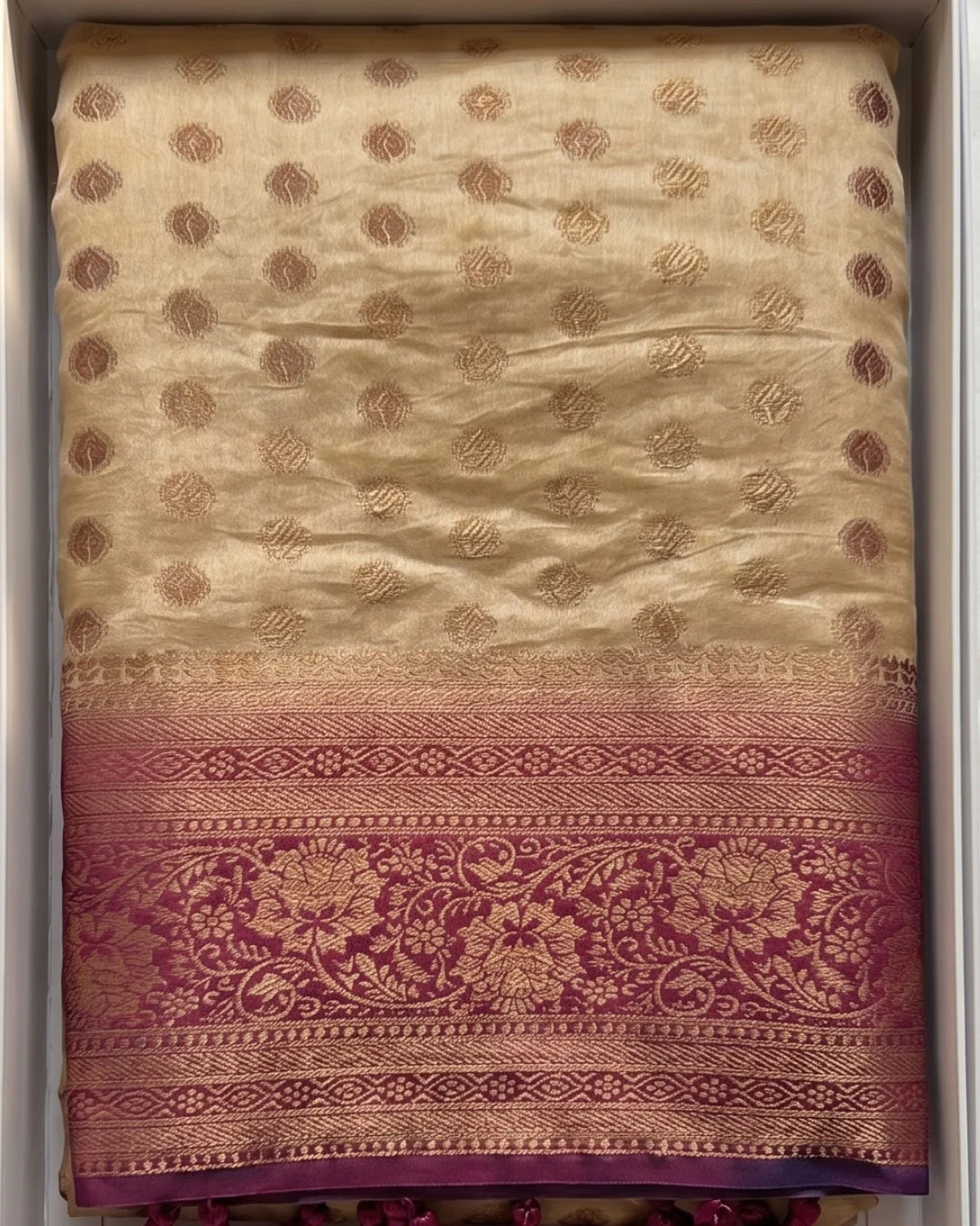 Ruhani - Cream Magenta Heritage Silk Saree