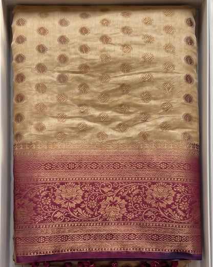 Ruhani - Cream Magenta Heritage Silk Saree