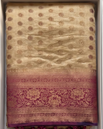 Ruhani - Cream Magenta Heritage Silk Saree