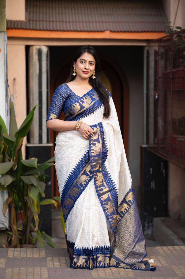 Navy Blue And Off White Silk Zari Saree