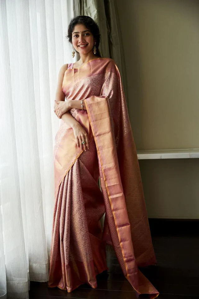 Baby Pink Designer Real Zari Soft Lichi Silk Saree