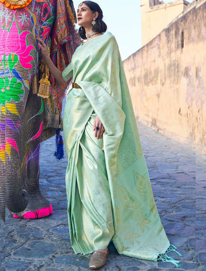 Aditi Pista Royal Traditional Kanjivaram Silk saree WIth Mesmorising Blouse Piece