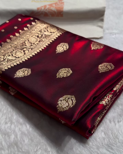 Maroon Banarasi Satin Saree with Golden Zari Floral Weaving